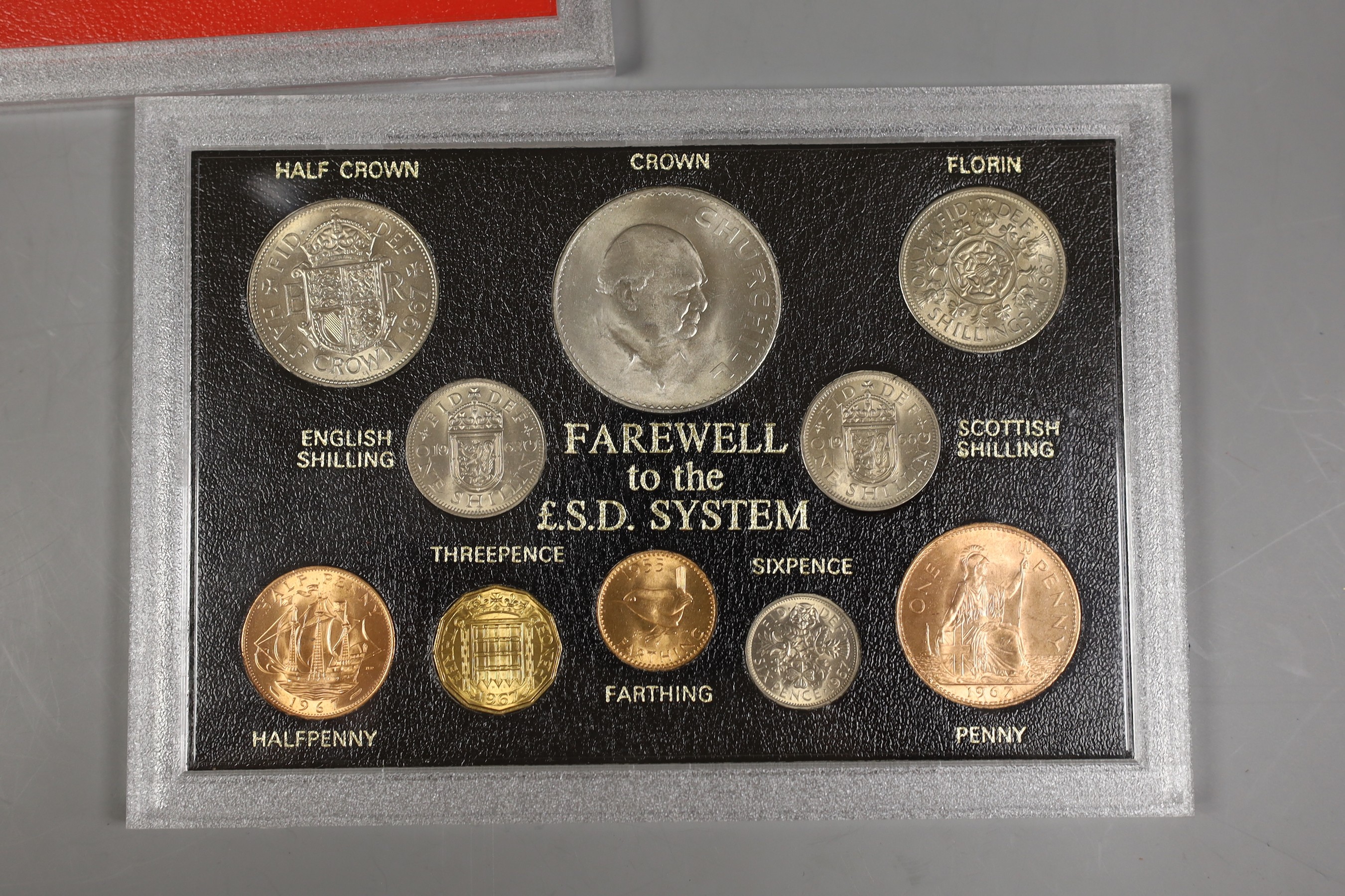 A group of silver and proof coins, to include Farewell to the £S.D. System, Royal Mint etc.